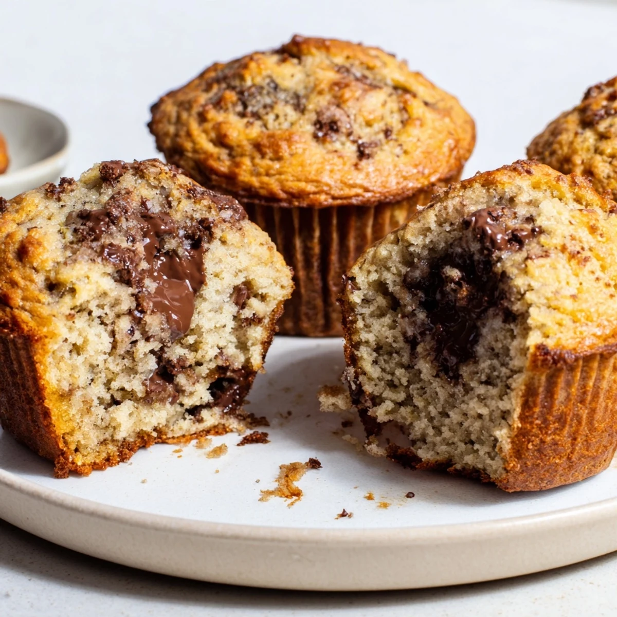 Close-up of golden brown chocolate chip banana bread muffins, showcasing melty chocolate and a soft texture.