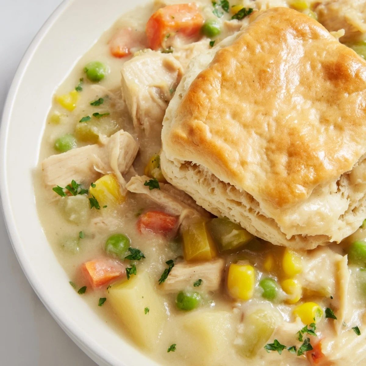 Creamy Chicken Pot Pie Soup with golden biscuit topping, a cozy, comforting American classic.