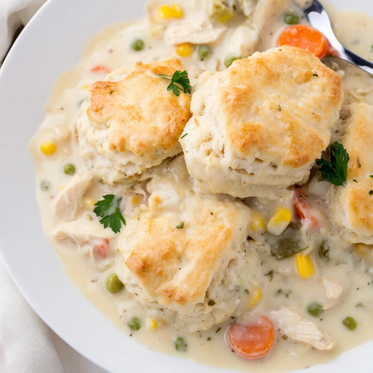 A close-up of a bowl brimming with Chicken Pot Pie Soup, topped with flaky, warm biscuits.