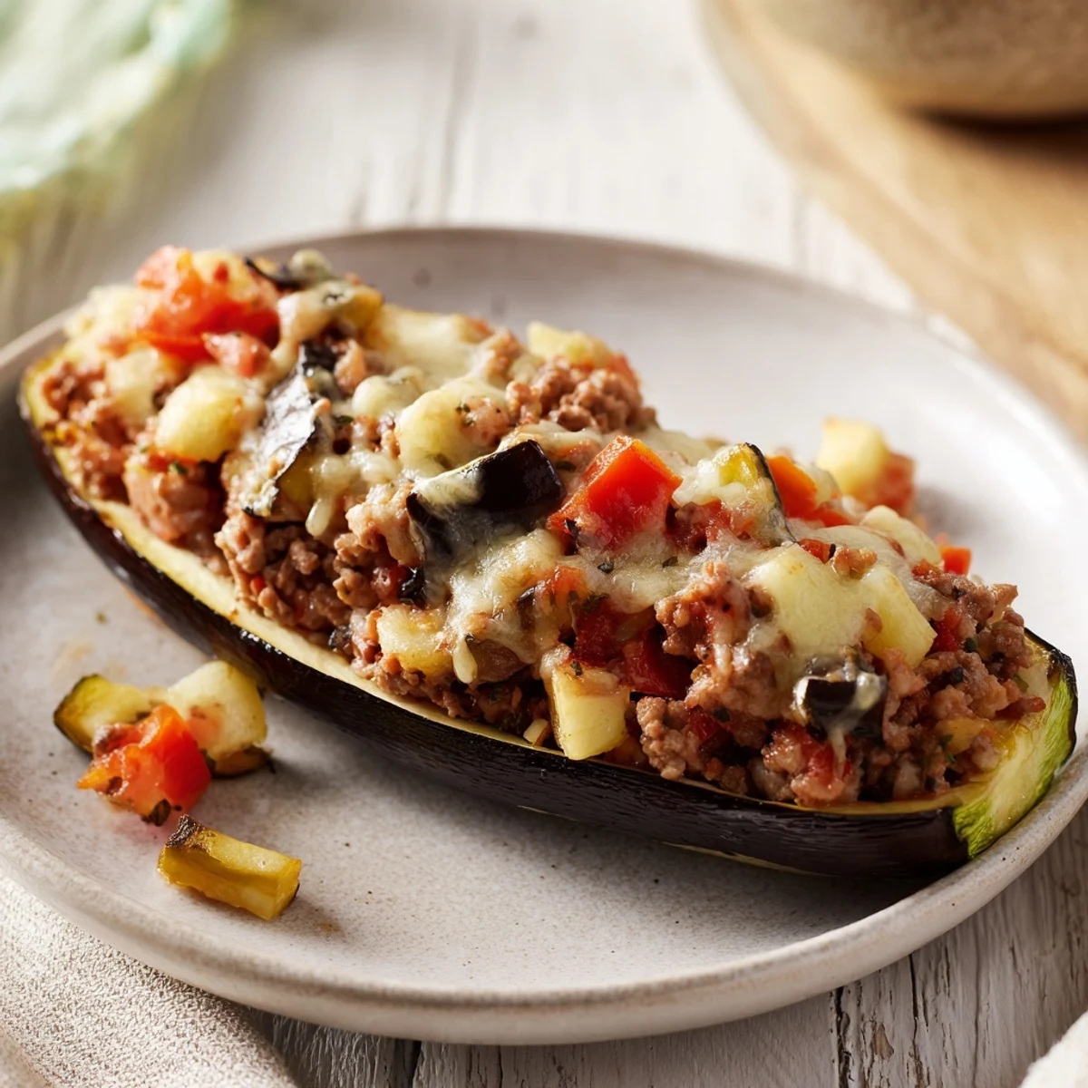A close-up of savory zucchini boats stuffed with ground beef, bubbling hot from the oven.