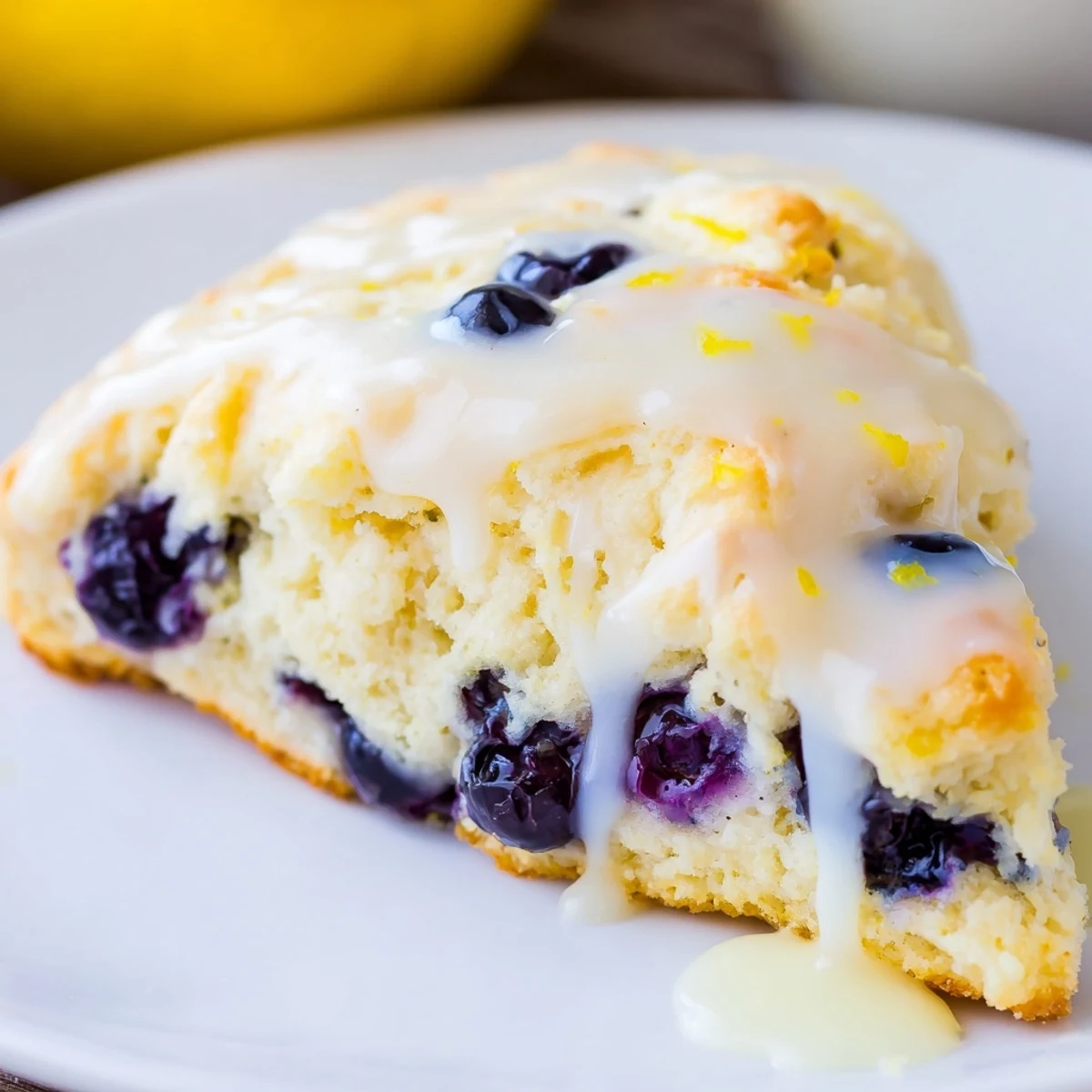Fluffy Lemon Blueberry Scones are pictured, glistening with a sweet, tart lemon glaze perfect for breakfast.