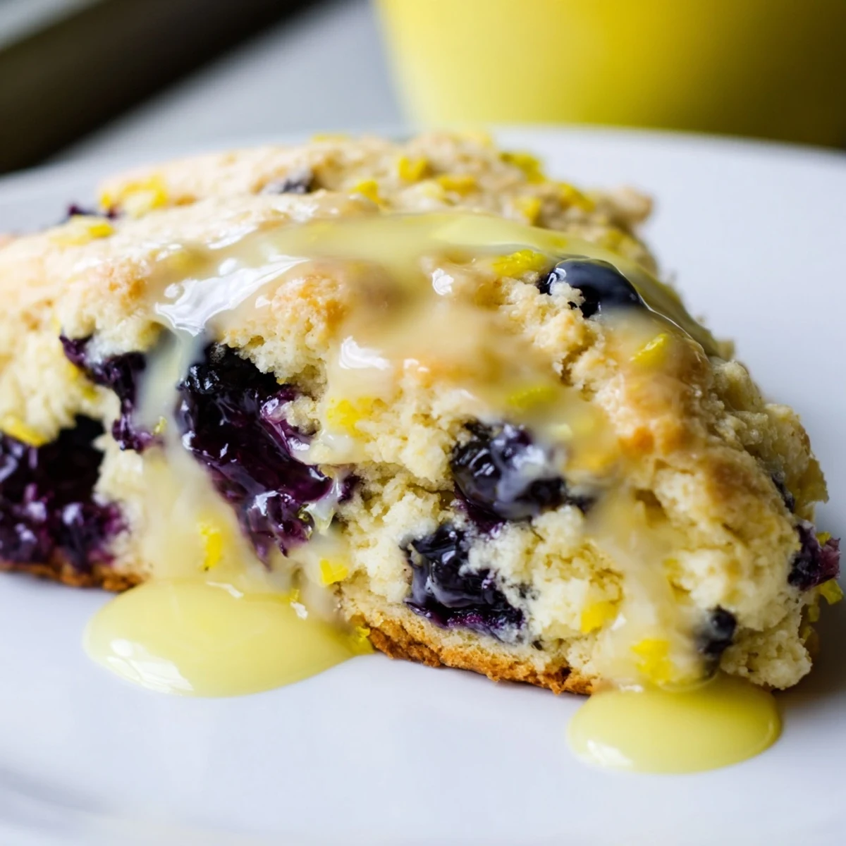 A close-up captures the texture of tender Lemon Blueberry Scones, topped with drizzled lemon glaze, ready to eat.