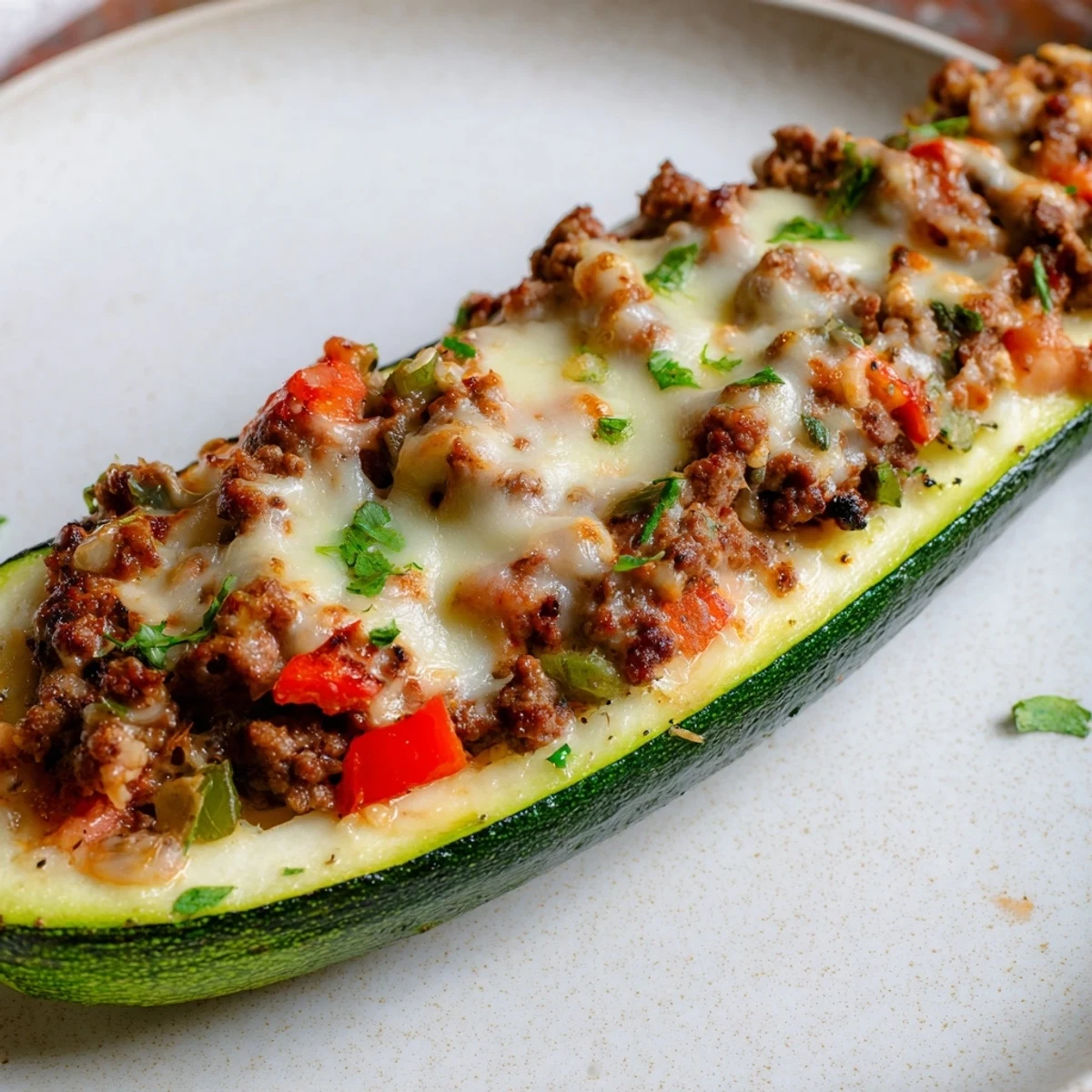 A close-up of savory zucchini boats stuffed with ground beef, bubbling hot from the oven.