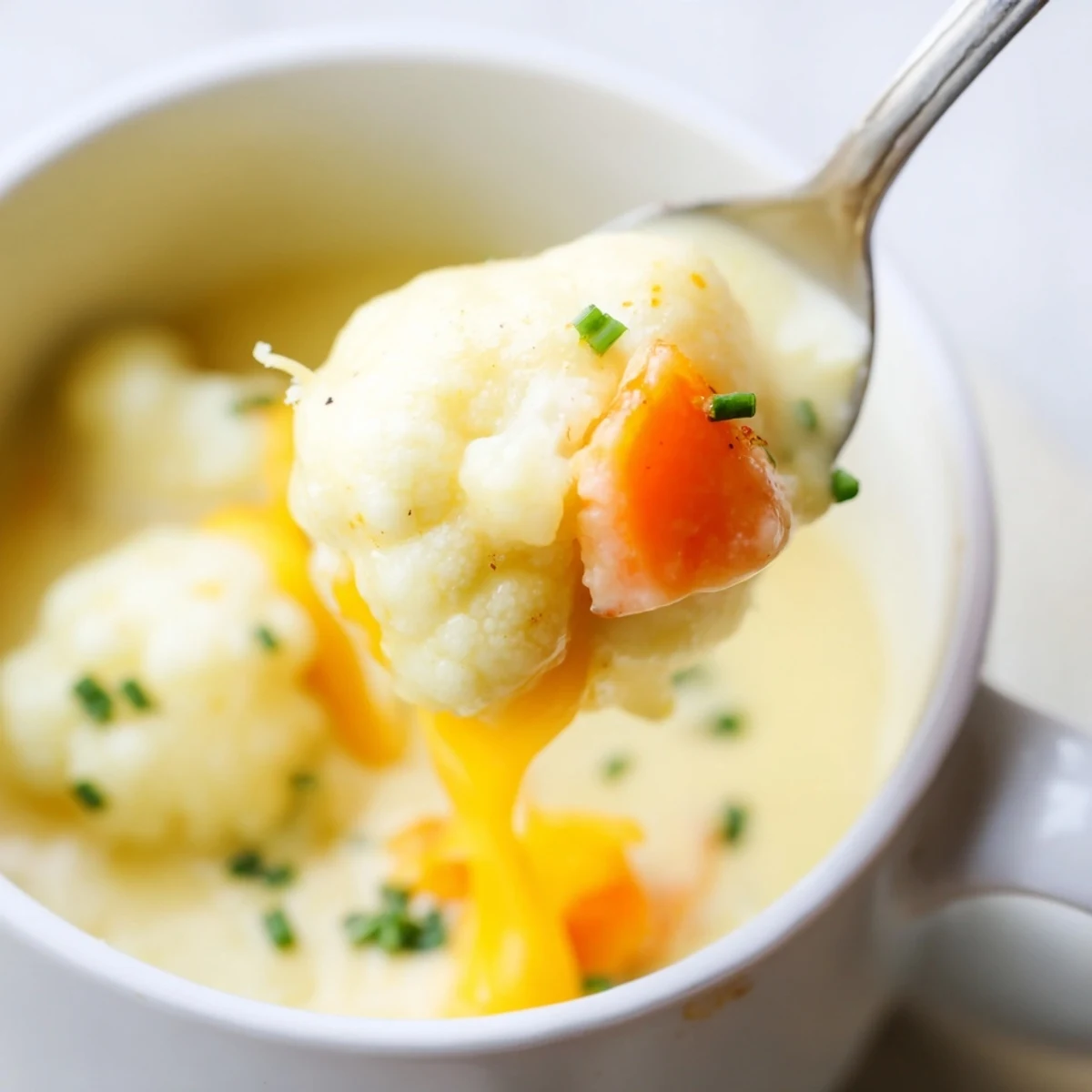 Creamy Cauliflower Chowder with Cheddar Cheese served steaming hot in a rustic bowl, topped with fresh chives and extra shredded cheddar.