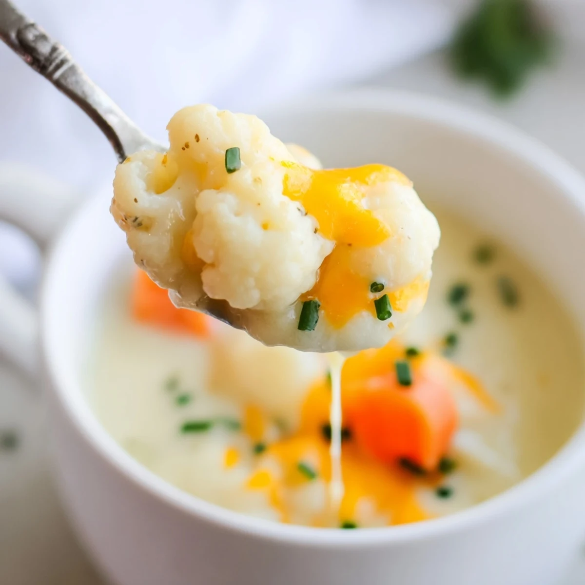 Warm Creamy Cauliflower Chowder with Cheddar Cheese in a white bowl beside crusty bread, perfect for cozy, cold-weather dining.