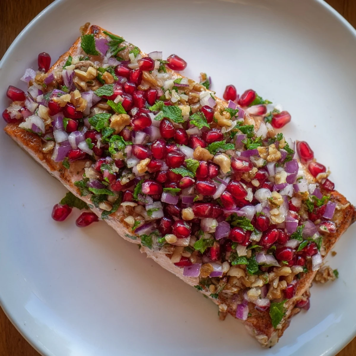 Close-up of Baked Salmon with Pomegranate Walnut Salsa featuring jewel-like seeds, chopped nuts, and a drizzle of olive oil.