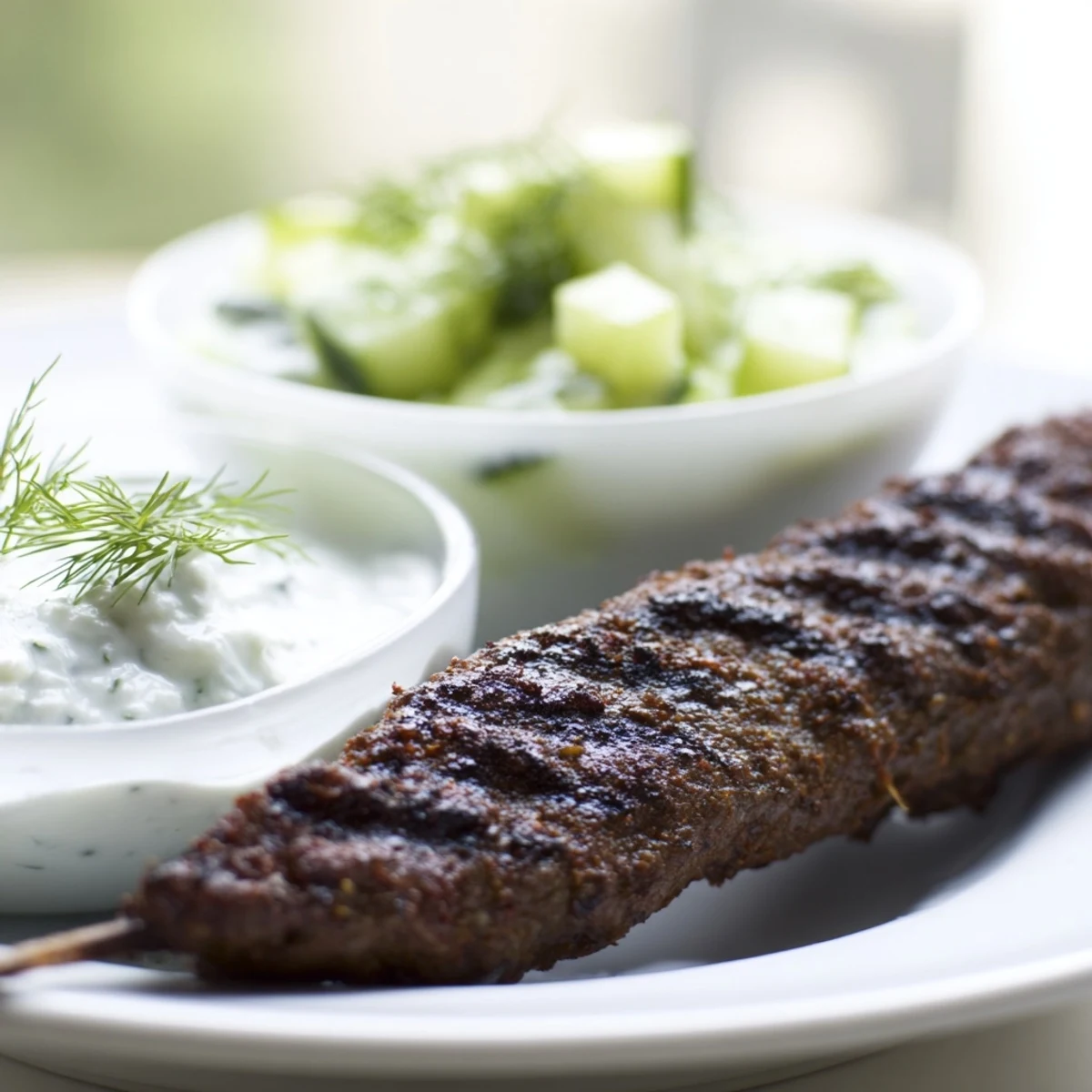 Grilled Beef Kofta Kebabs served hot on a skewer with creamy cucumber yogurt dip and fresh herbs.