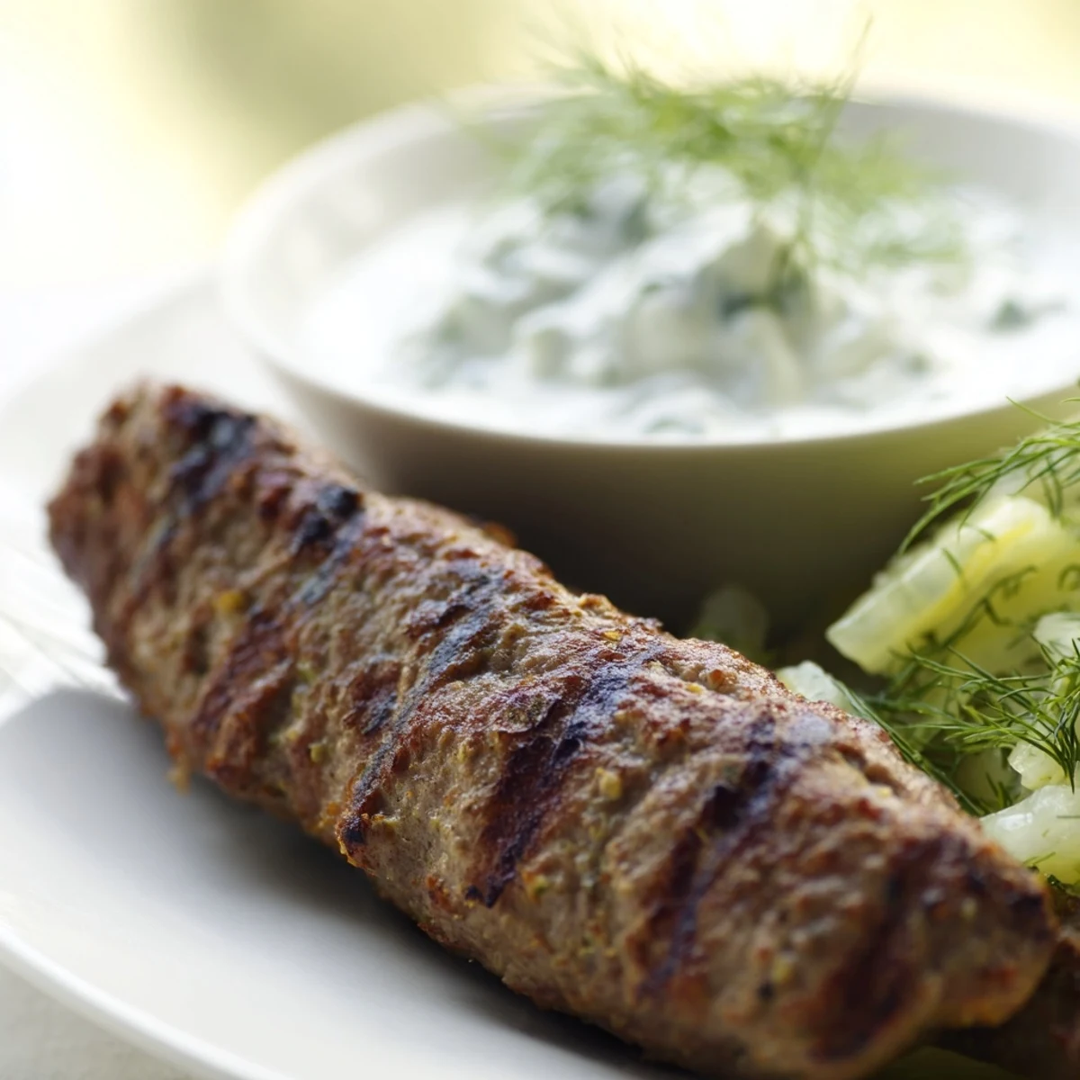 Freshly prepared Beef Kofta Kebabs with herbs and a side of cucumber yogurt dip for dipping.