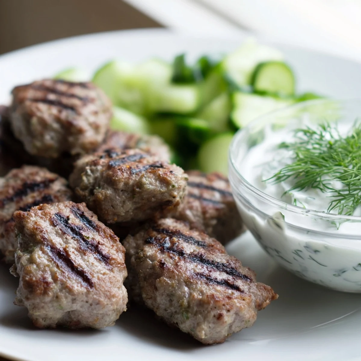 Golden-brown spiced Beef Kofta Kebabs on a platter next to a bowl of refreshing cucumber yogurt dip.