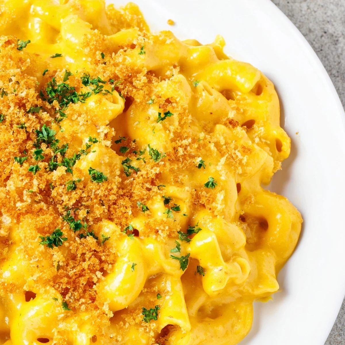 Elbow macaroni tossed in rich Vegan Butternut Squash Mac and Cheese sauce, topped with crunchy panko and fresh parsley.
