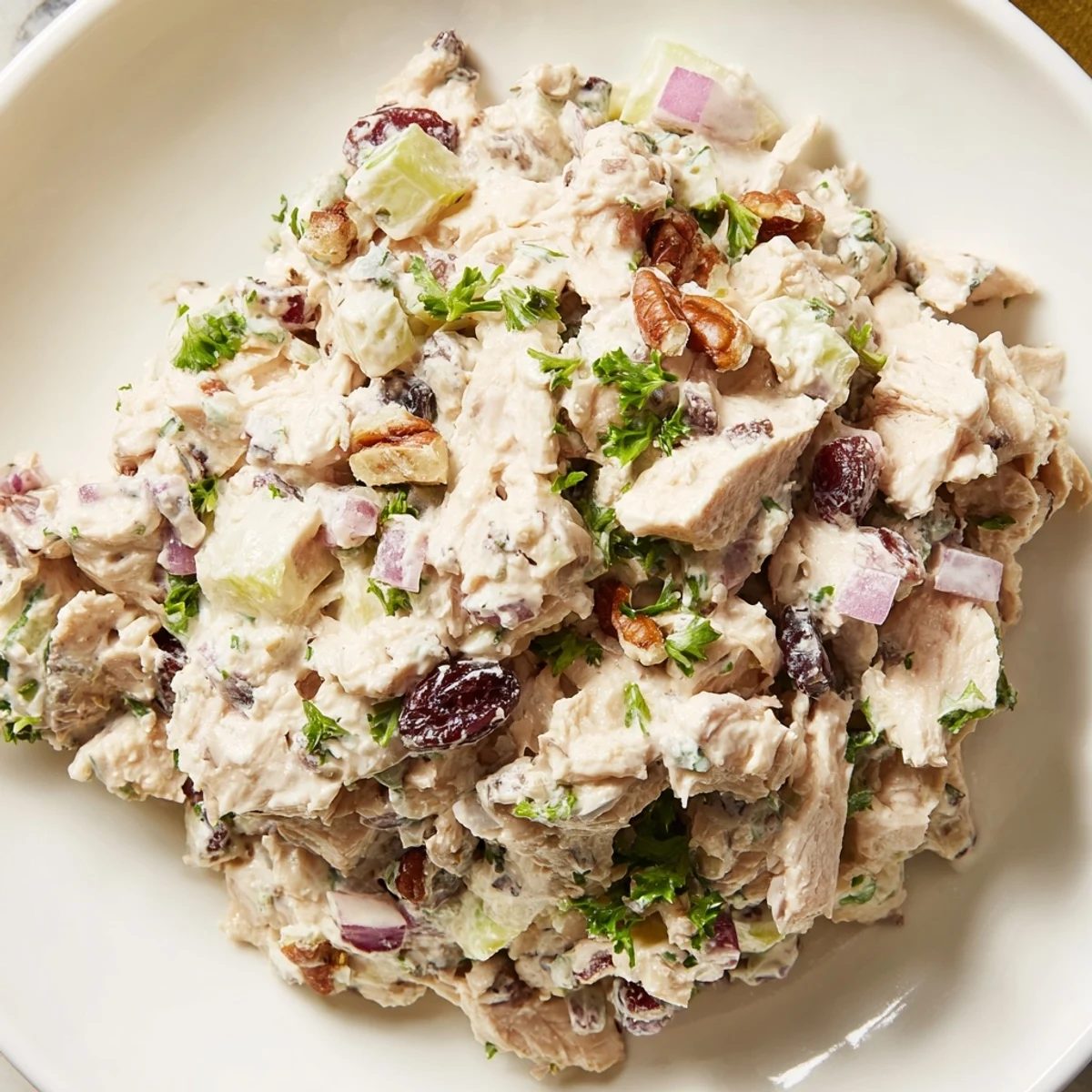 Chicken Salad with Pecans and Cranberries is spooned onto crisp romaine lettuce leaves for a refreshing, light lunch.