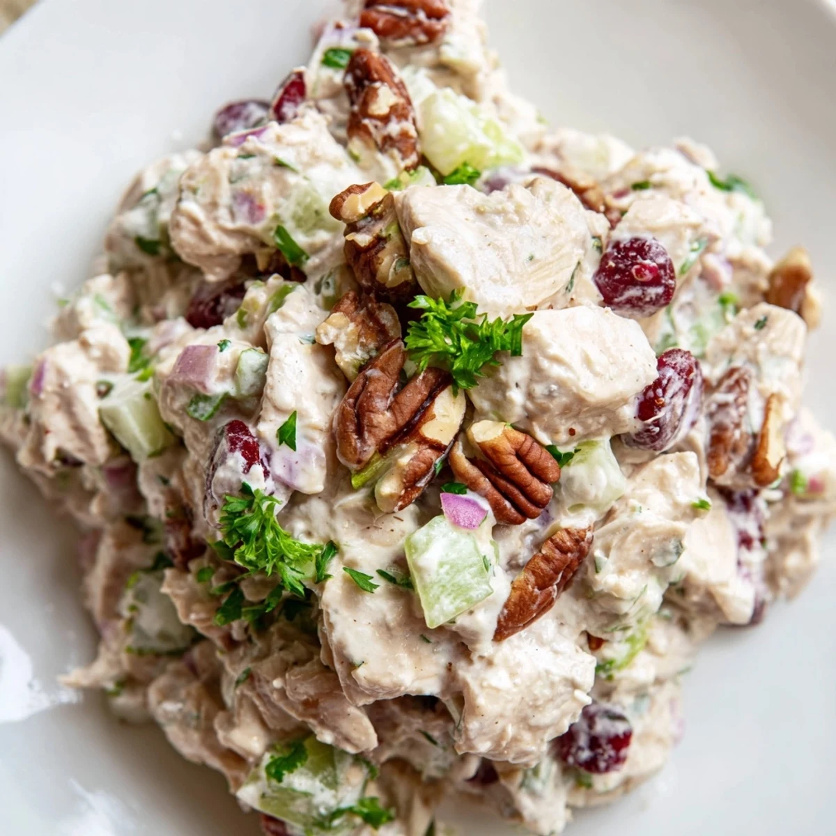 A vibrant serving of Chicken Salad with Pecans and Cranberries topped with extra chopped pecans and fresh parsley.