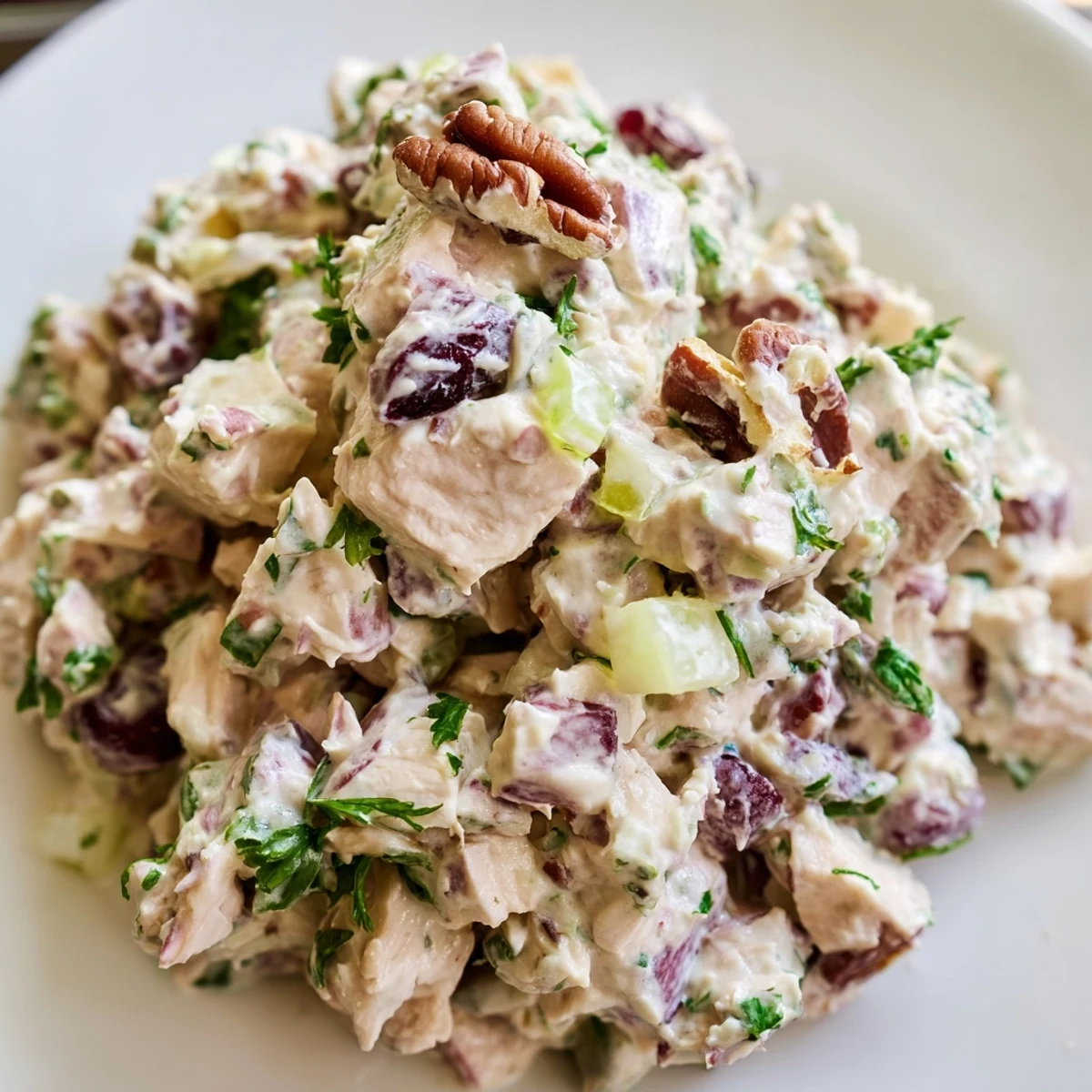 Freshly made Chicken Salad with Pecans and Cranberries mixed with creamy dressing and served on a rustic cutting board.