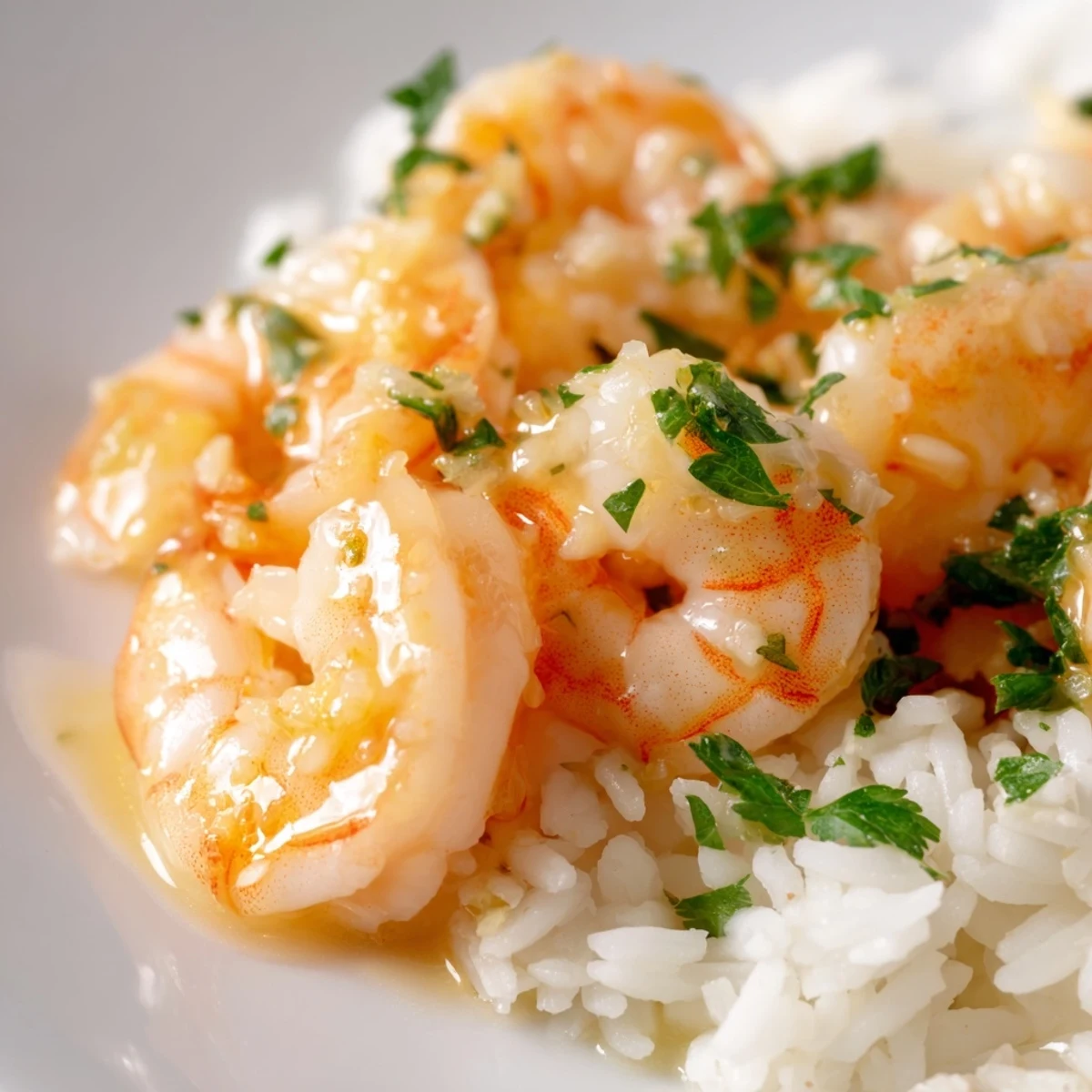 Succulent Lemon Garlic Shrimp piled high on fluffy white rice, garnished with fresh parsley.