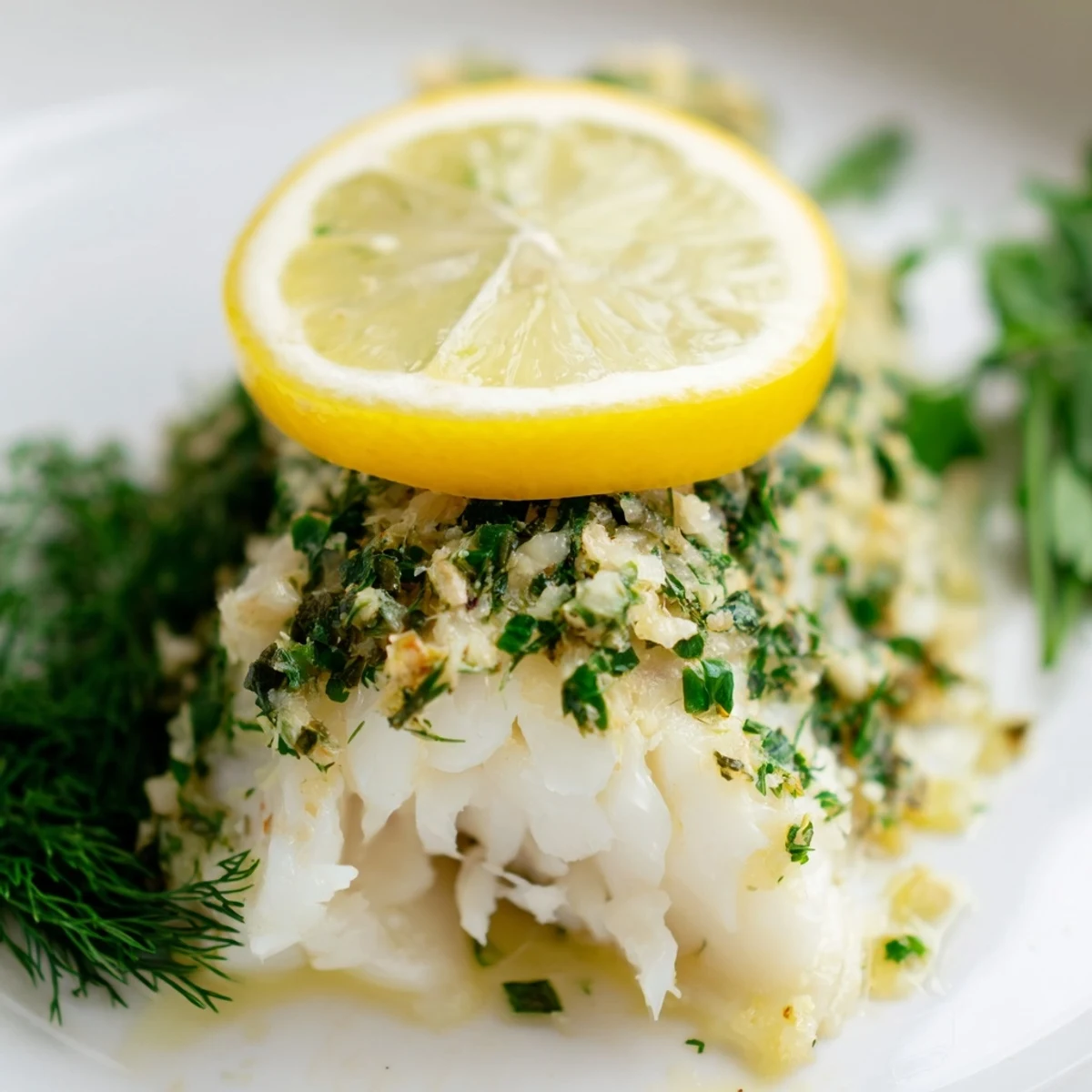 Herb-crusted baked cod with lemon slices garnish served on a white plate with roasted potatoes and green beans.