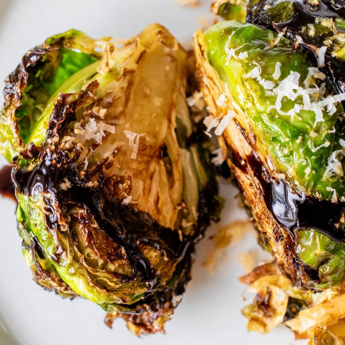 Golden brown, crispy Roasted Brussels Sprouts with Balsamic glistening on a white plate, perfect for a healthy dinner side.