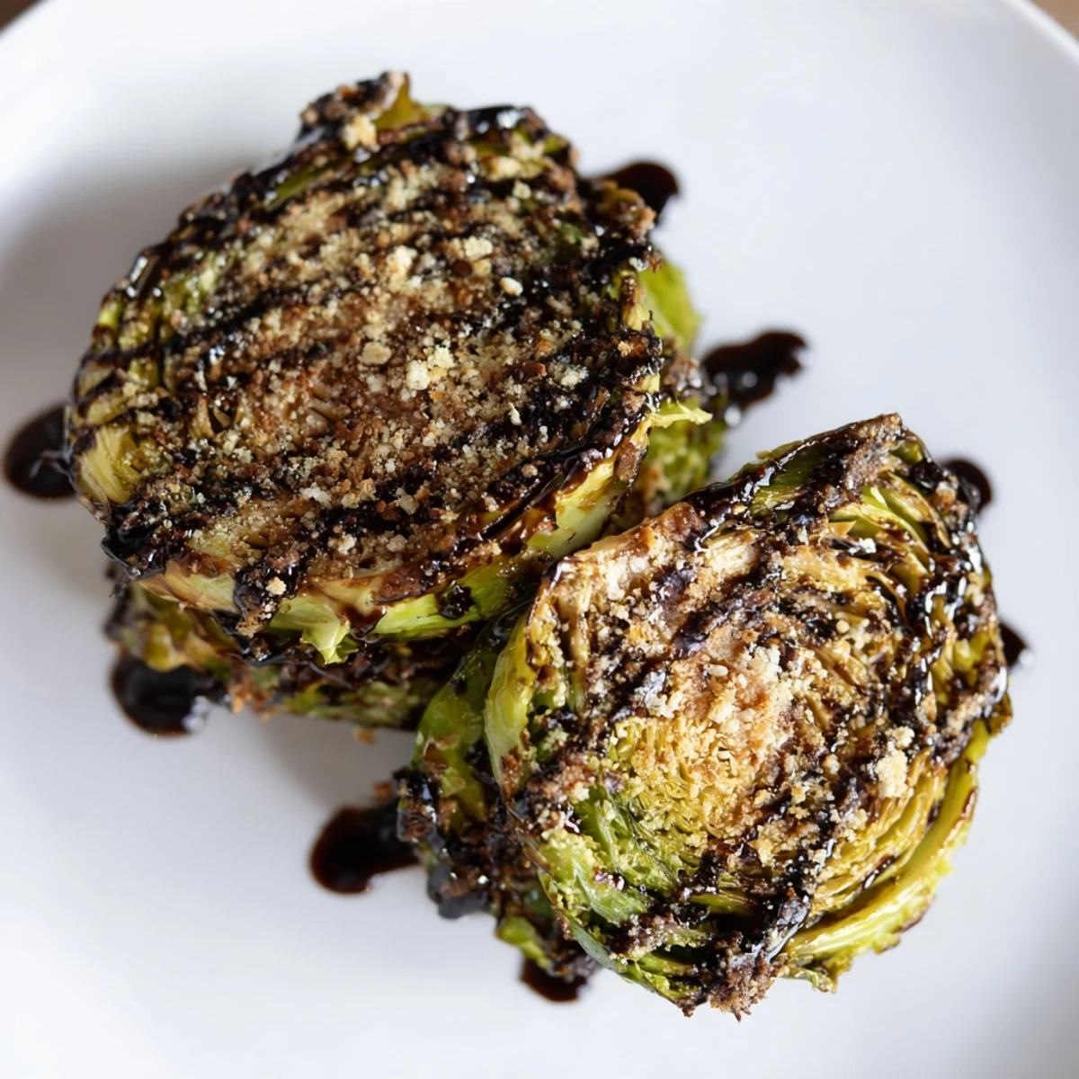 Freshly roasted Roasted Brussels Sprouts with Balsamic garnished with parmesan, served alongside a juicy main course.