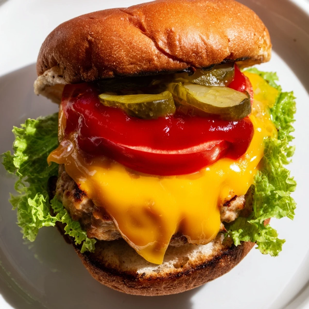 Golden-brown turkey burger with melted cheddar, crisp pickles, and fresh lettuce on a toasted bun.