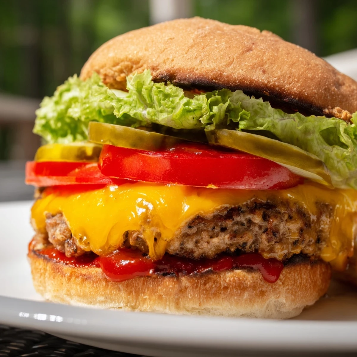 A juicy homemade Turkey Burger with Cheese and Pickles on a plate with ketchup and fries.