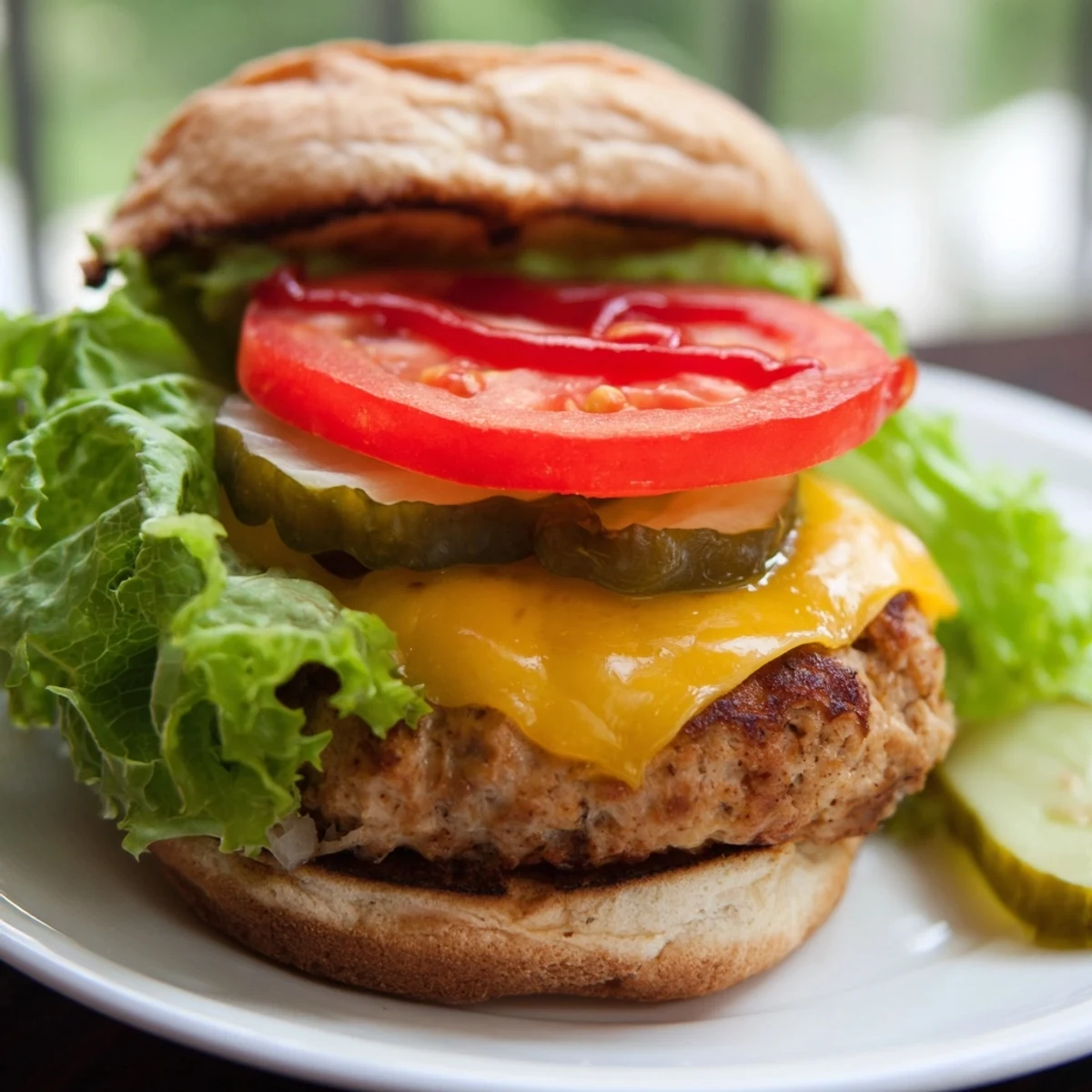 Melting cheddar on a grilled turkey patty topped with pickles, tomato, and lettuce on a toasted bun.