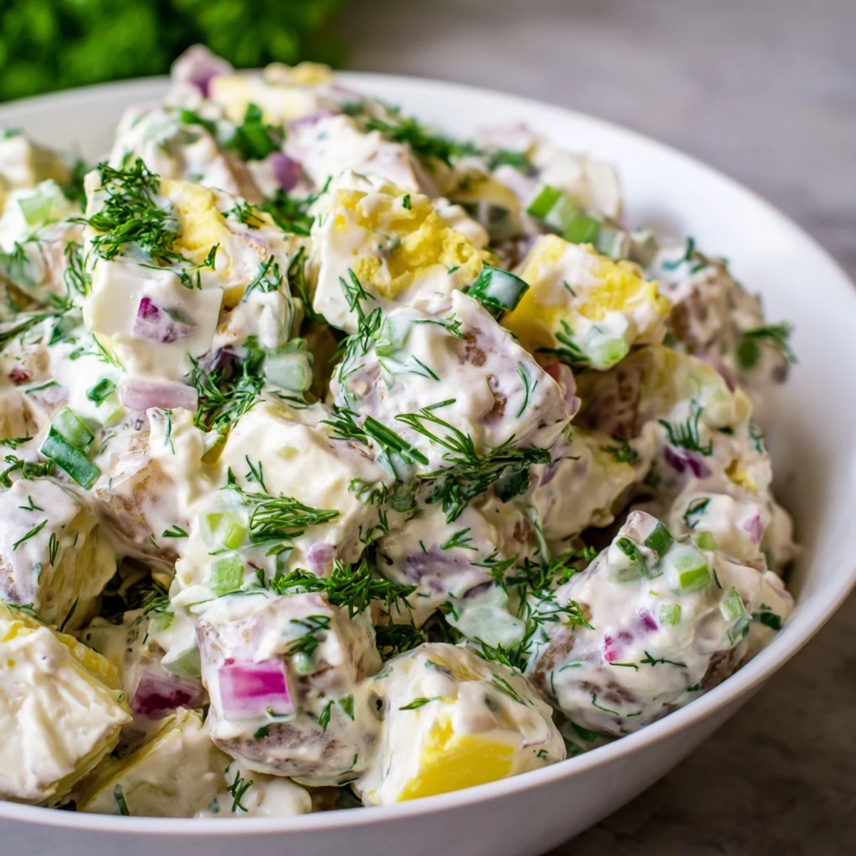 A close-up of Creamy Potato Salad with Dill on a picnic blanket, featuring diced celery and onions for crunch.