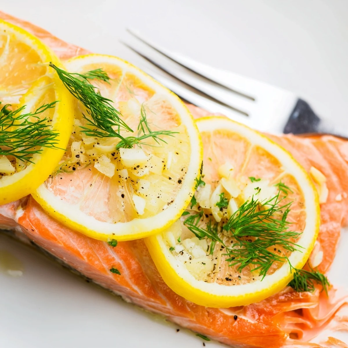 Flaky, oven-baked salmon seasoned with garlic and dill, served with lemon wedges for a bright finish.
