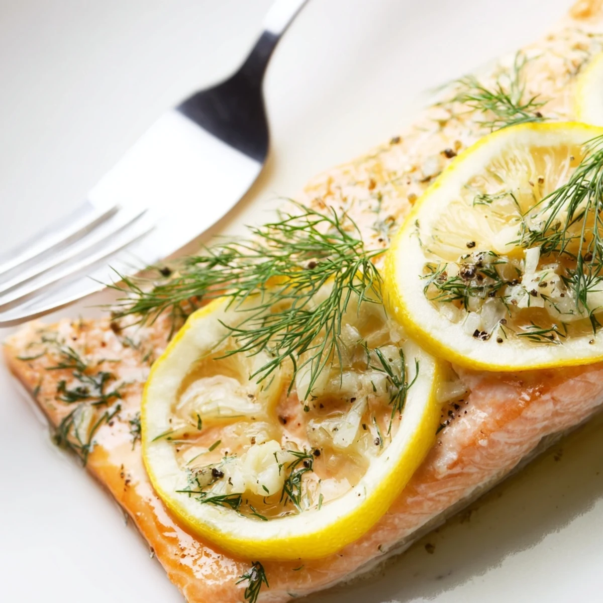 Golden-brown baked salmon fillets topped with lemon slices and fresh dill, resting on a white plate.