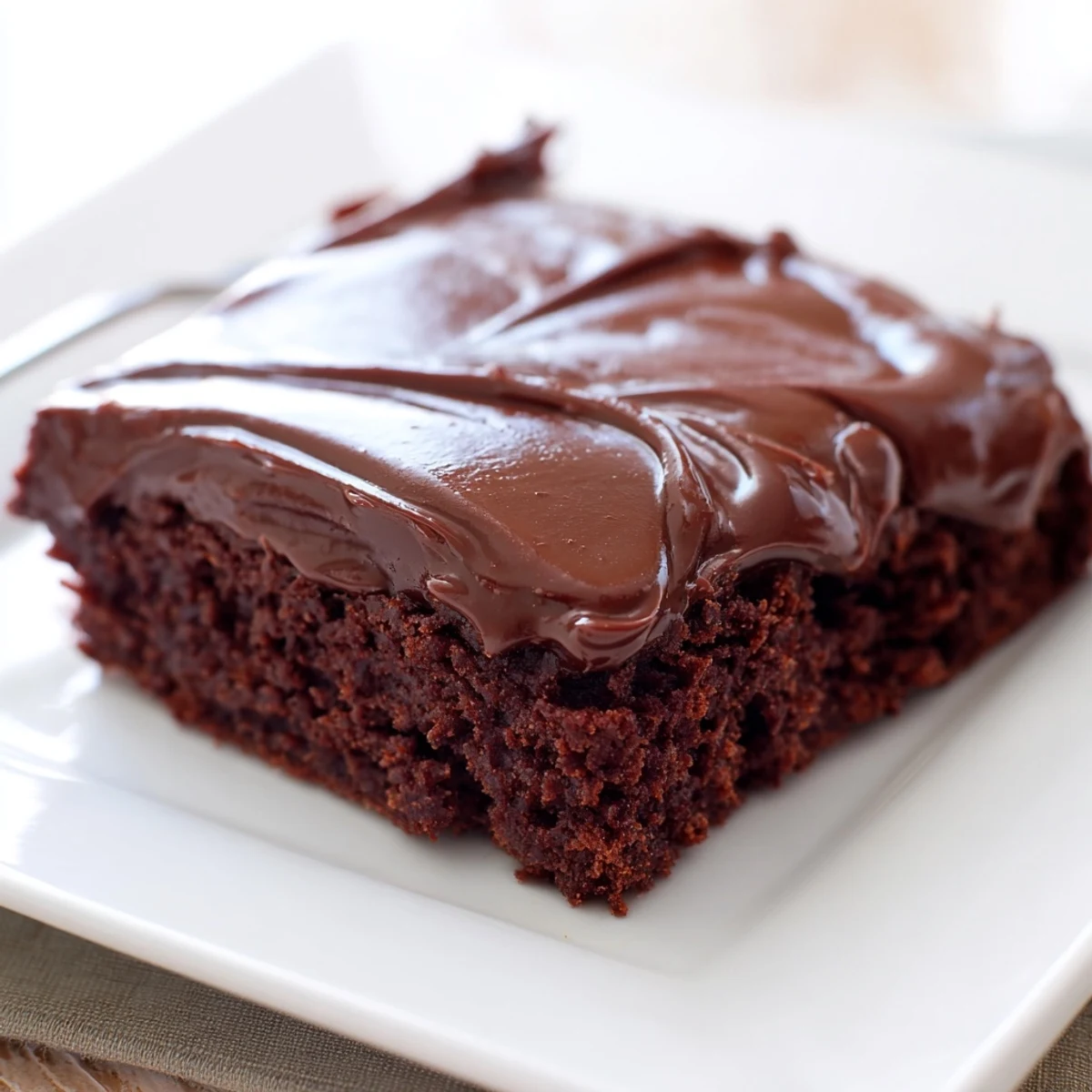 Warm, fudgy Chocolate Brownies with Fudge Frosting topped with rich, glossy chocolate ganache and flaky sea salt.