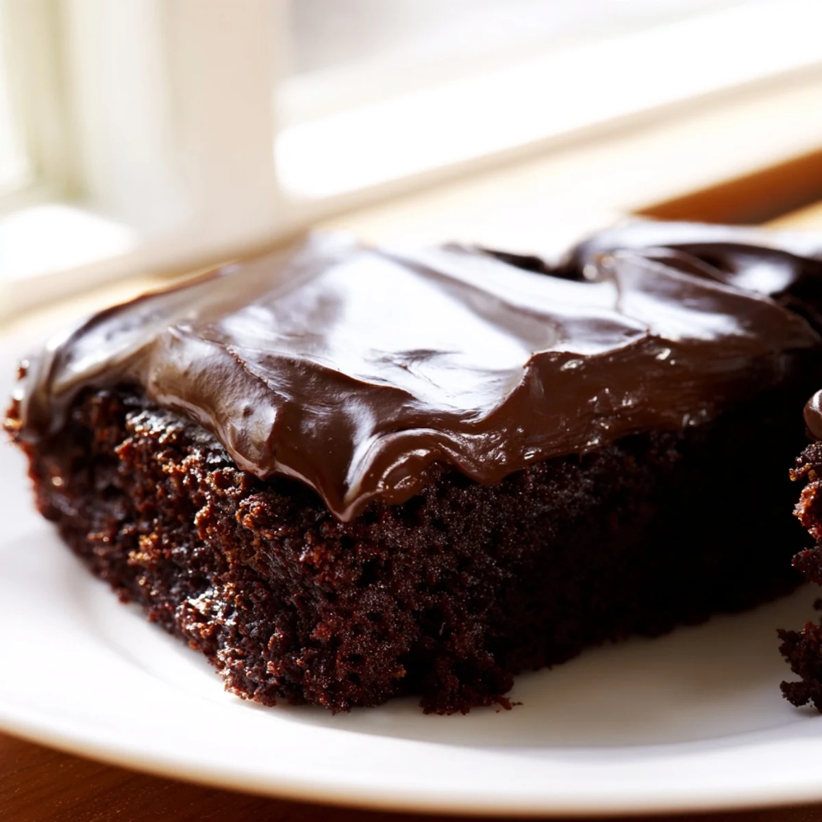 Homemade Chocolate Brownies with Fudge Frosting dusted with cocoa powder on a wooden board, ready to serve.