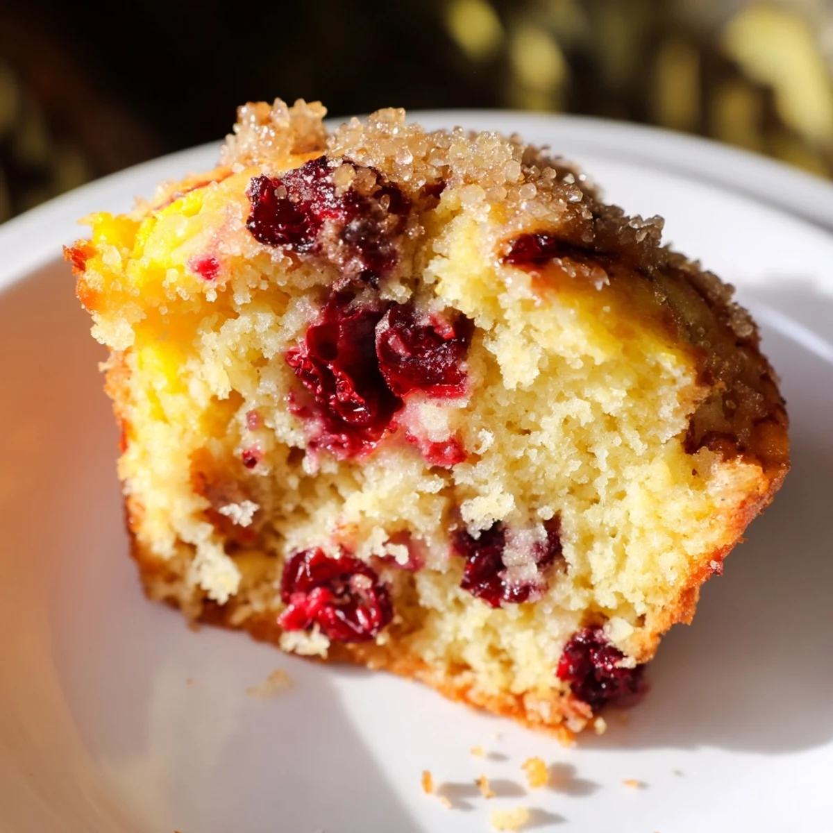 Freshly baked Orange Cranberry Breakfast Muffins with a sweet sugar crust and visible orange zest flecks in the crumb.