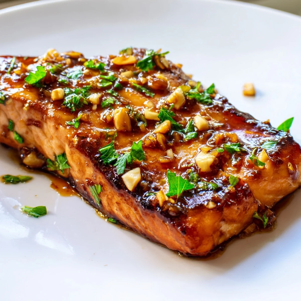 Golden-brown Honey Garlic Glazed Salmon Steaks fresh from the broiler, glistening with sweet and savory glaze.
