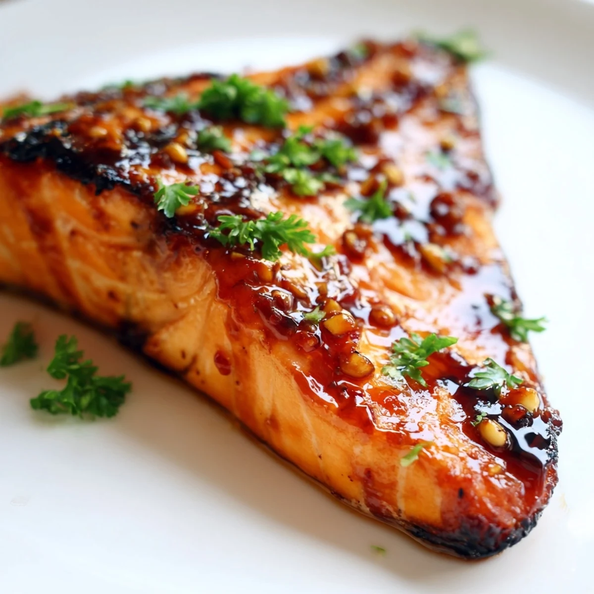 Close-up of sticky Honey Garlic Glazed Salmon Steaks with visible garlic bits and caramelized edges.