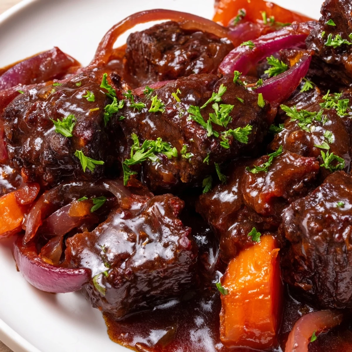 Braised Beef Chuck with Red Onions served over creamy mashed potatoes with a side of crusty bread, perfect for cozy dinner recipes.