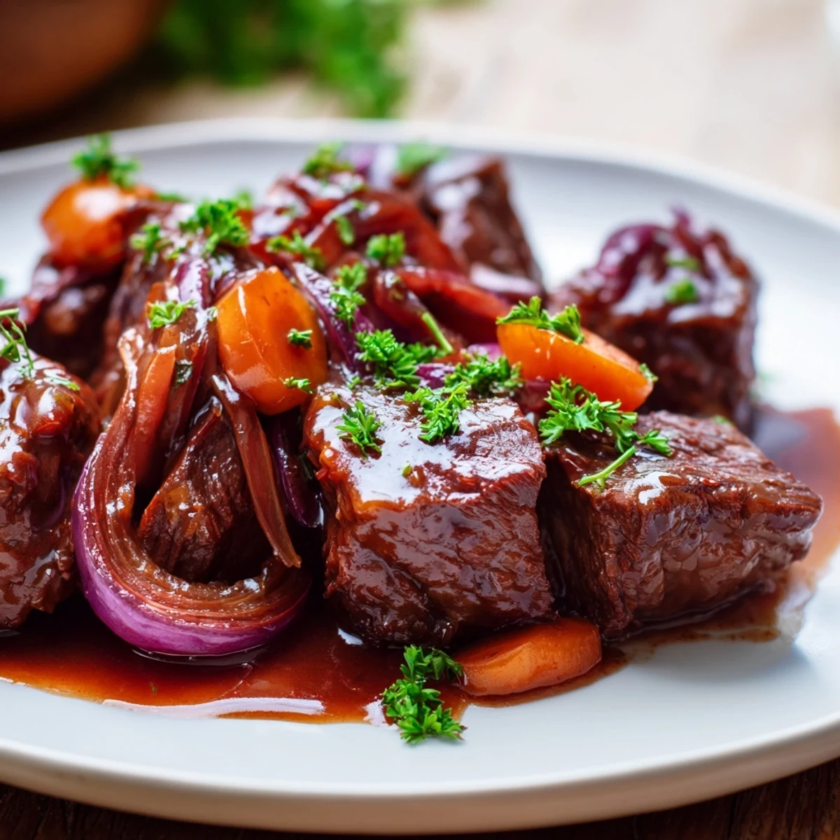 Close-up of Braised Beef Chuck with Red Onions in a Dutch oven, featuring tender meat cubes and caramelized onions in rich red wine sauce.