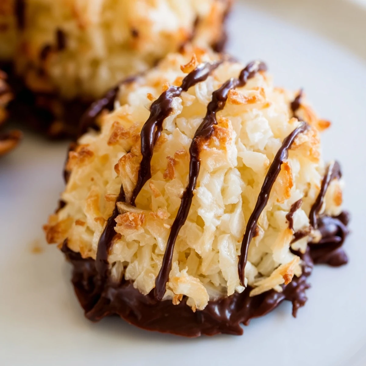 Golden-brown Coconut Macaroons with chocolate drizzle on a white plate, showcasing chewy coconut texture and glossy dark chocolate.