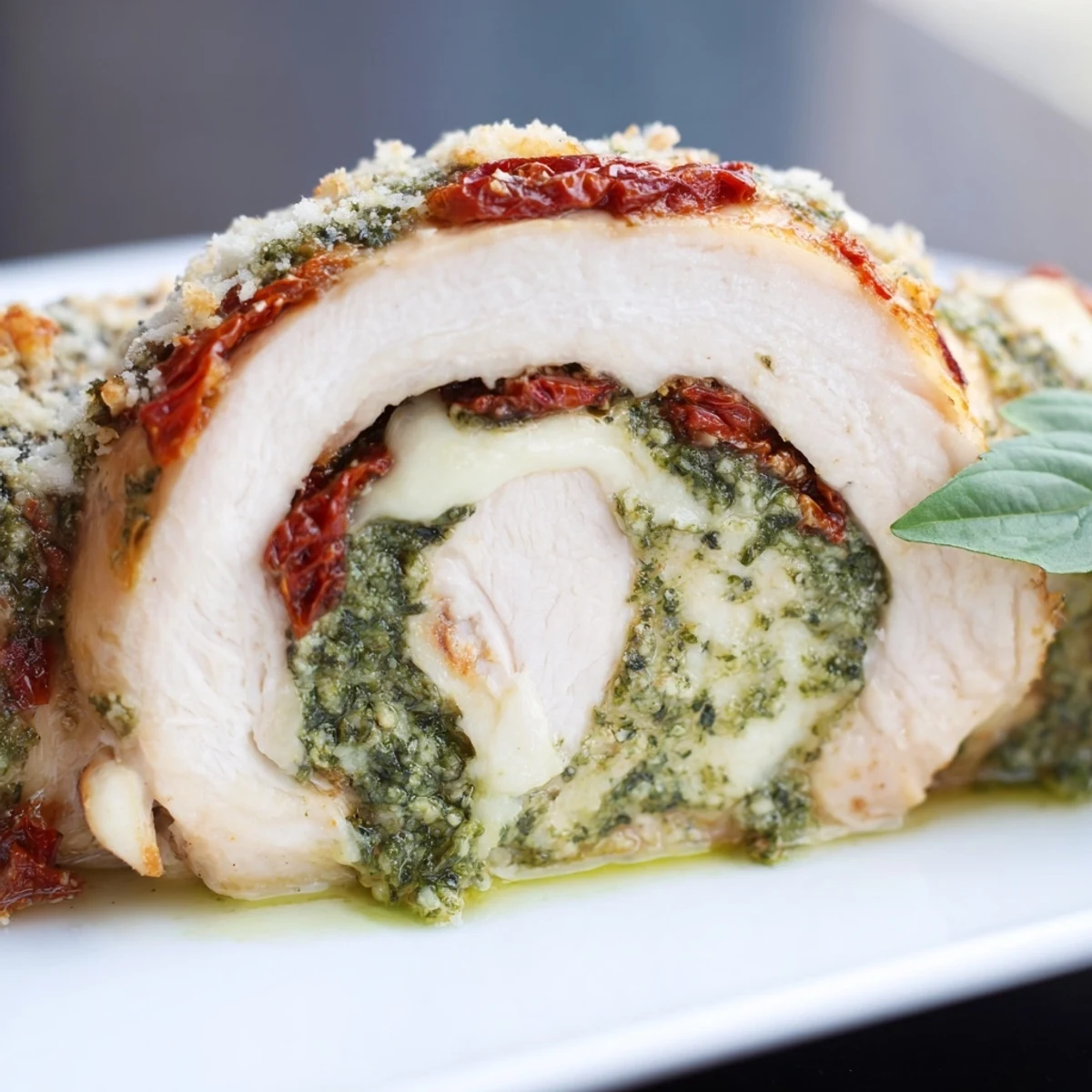 Sliced Stuffed Chicken Breast with Mozzarella and Pesto reveals melted cheese and pesto filling.