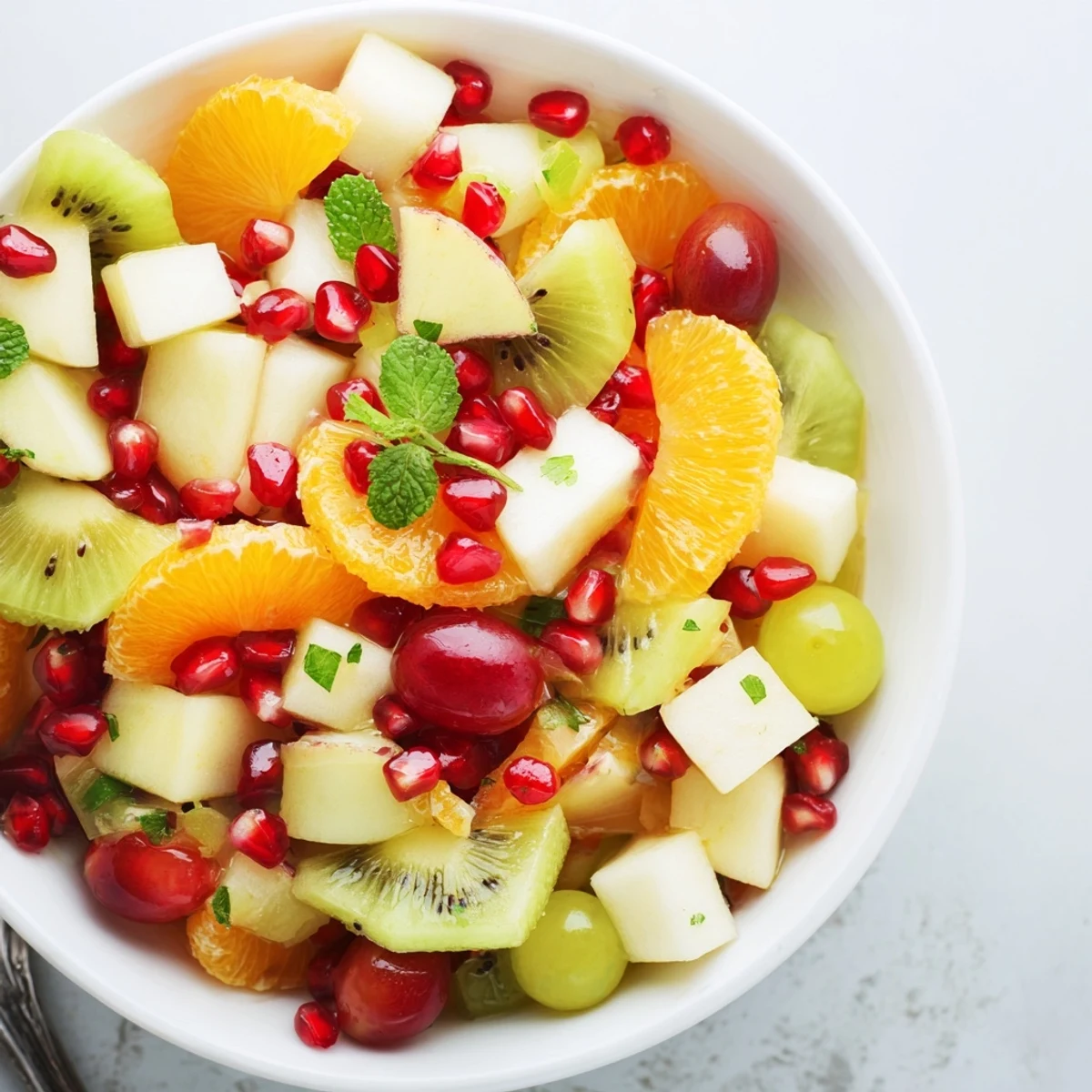 A close-up of Winter Fruit Salad with Pomegranate and Lime, showing diced apples, pears, and drizzled honey dressing with fresh mint garnish.