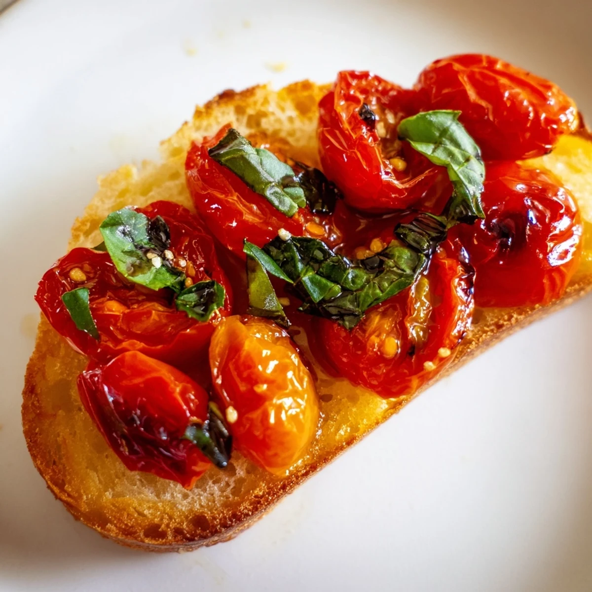 Garlic-rubbed rustic bread topped with juicy roasted tomatoes and chopped basil, creating the perfect bite for Roasted Tomato and Basil Bruschetta on Toast.