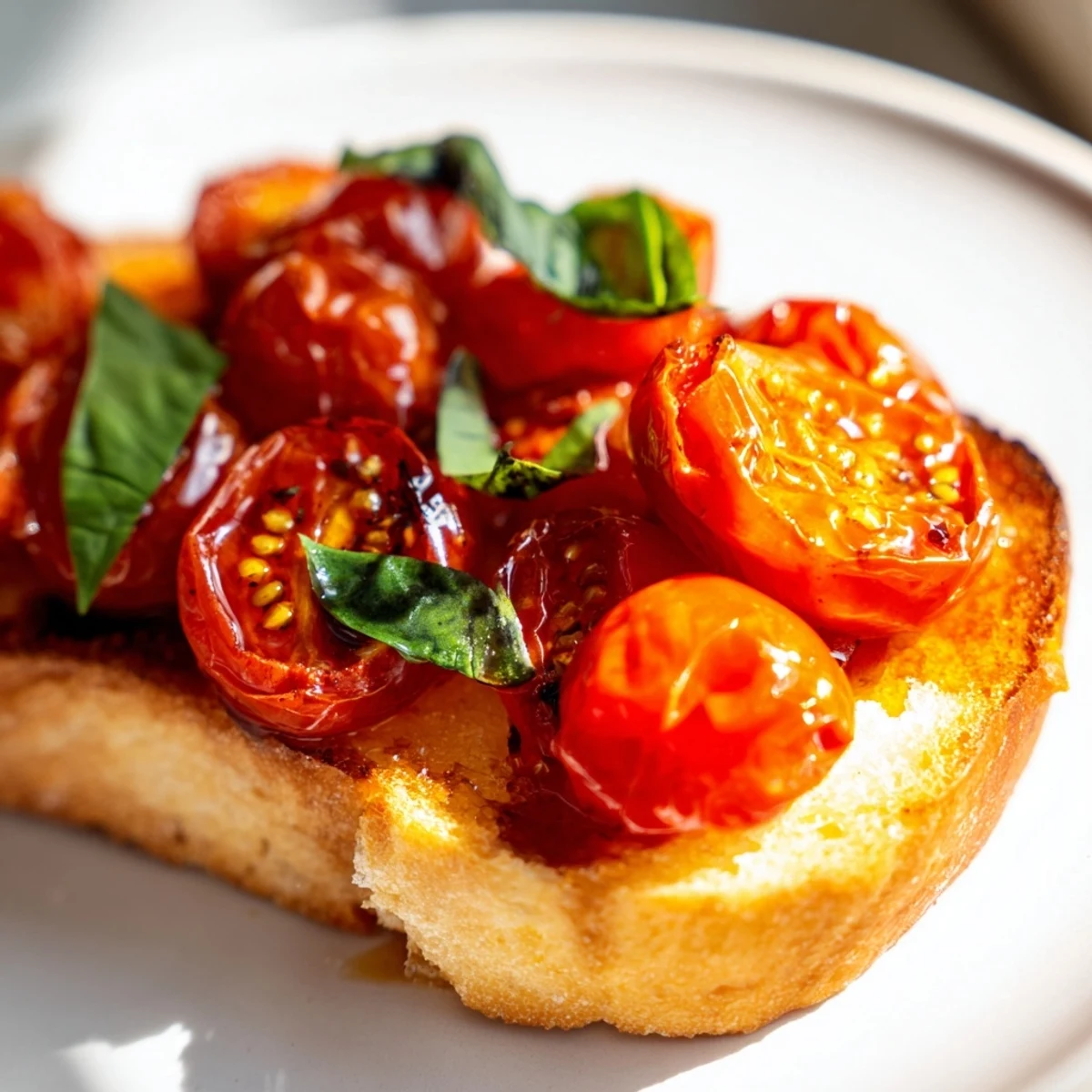 Golden, caramelized roasted tomatoes on toasted baguette slices, garnished with fresh basil for Roasted Tomato and Basil Bruschetta on Toast.