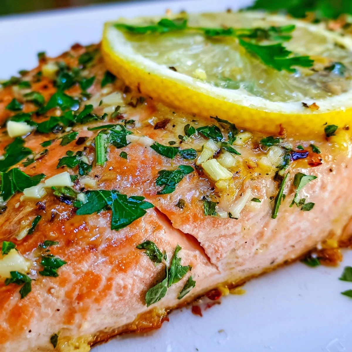 Flaky, tender Baked Lemon Garlic Salmon with Butter is spooned from a baking dish, surrounded by steamed vegetables. 