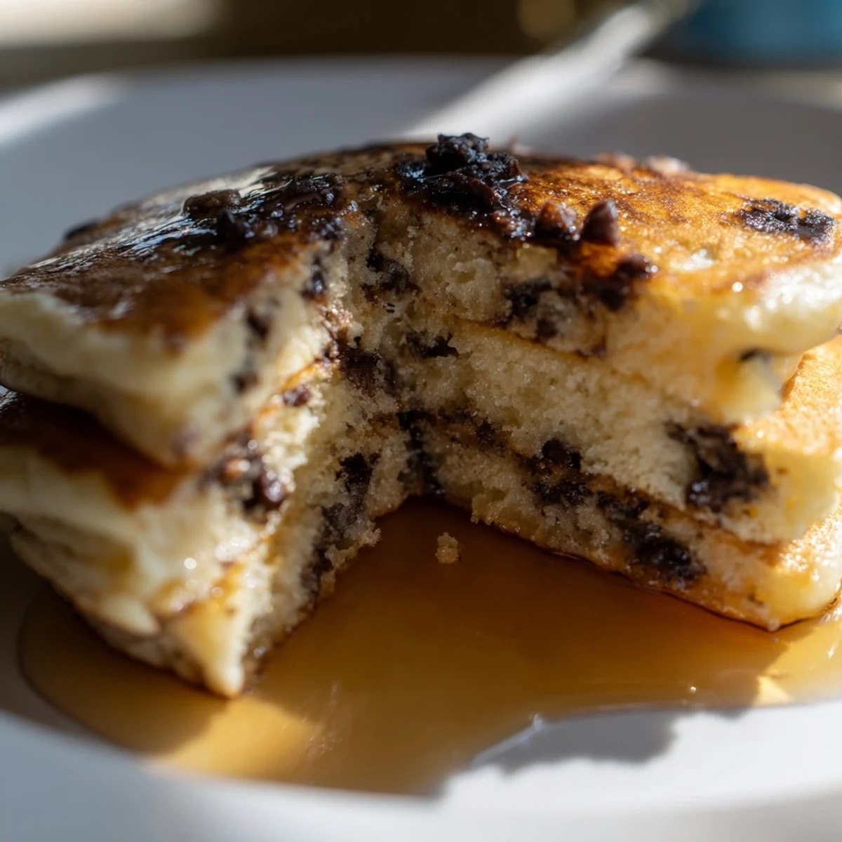 Golden-brown Chocolate Chip Pancakes with Syrup are stacked high, revealing gooey melted chocolate in fluffy layers.