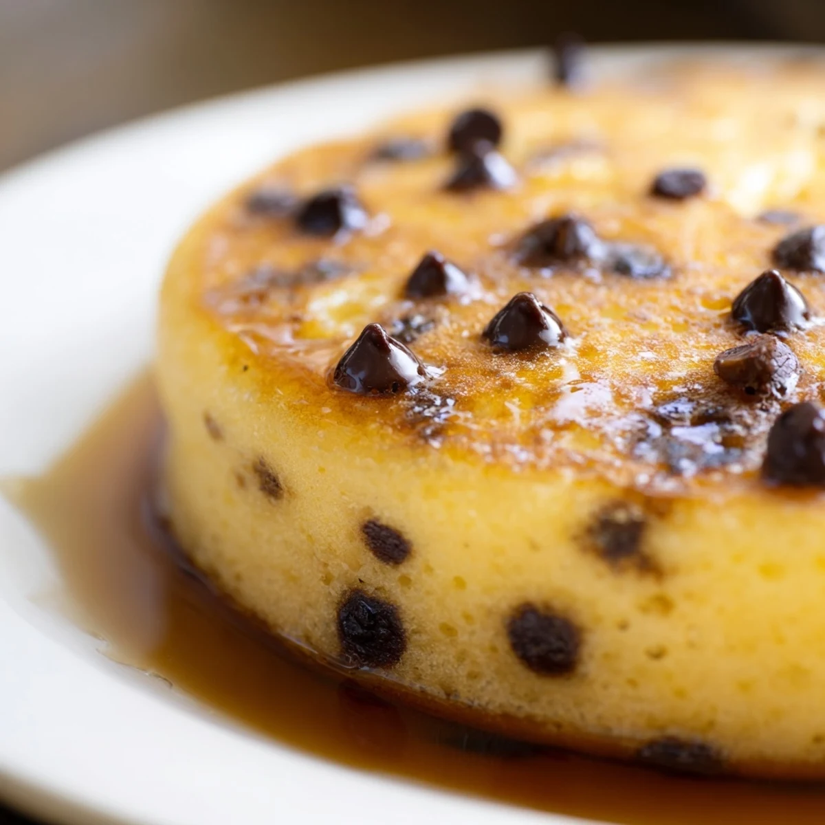 A stack of Chocolate Chip Pancakes with Syrup is drizzled with rich maple syrup and served warm.
