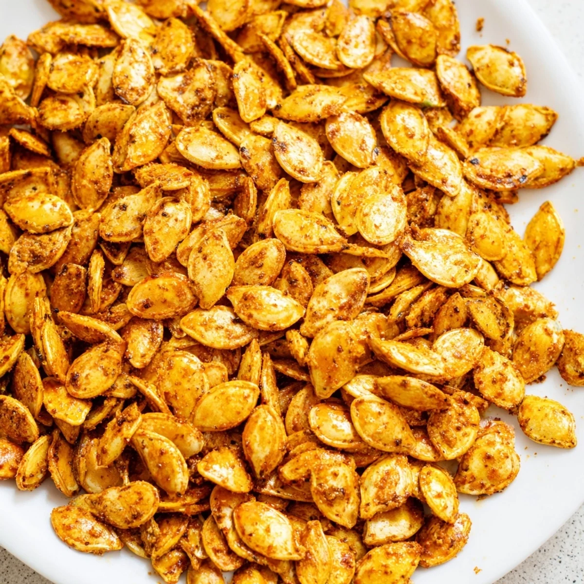 Golden brown Spiced Pumpkin Seeds with Sea Salt, roasted on a parchment-lined baking sheet for a savory snack.