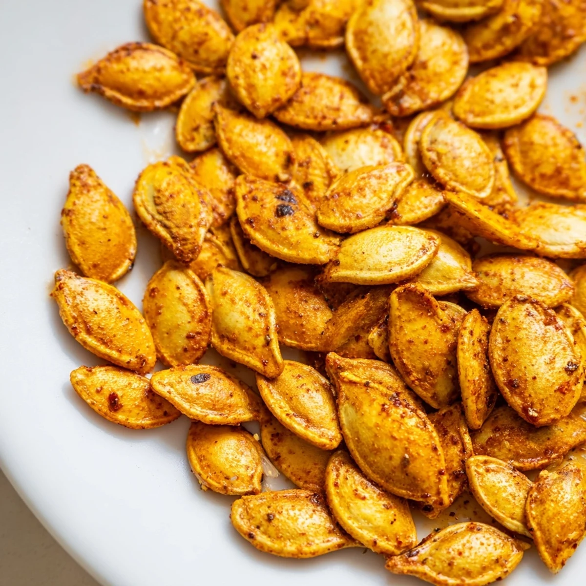 Vibrant close-up of Spiced Pumpkin Seeds with Sea Salt, glistening with olive oil and aromatic spices on a wooden board.