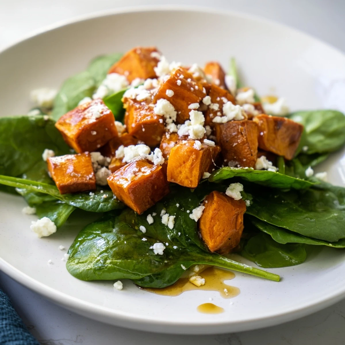 Golden roasted sweet potato salad with feta, pumpkin seeds, and tangy dressing on fresh greens.