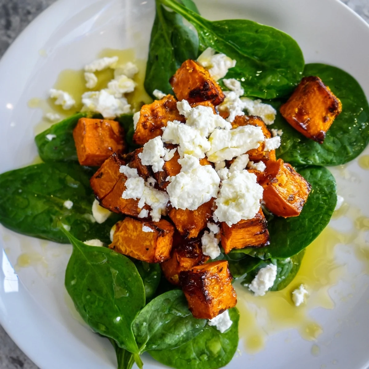 Hearty roasted sweet potato salad served in a white bowl with spinach, bell pepper, and pepitas.