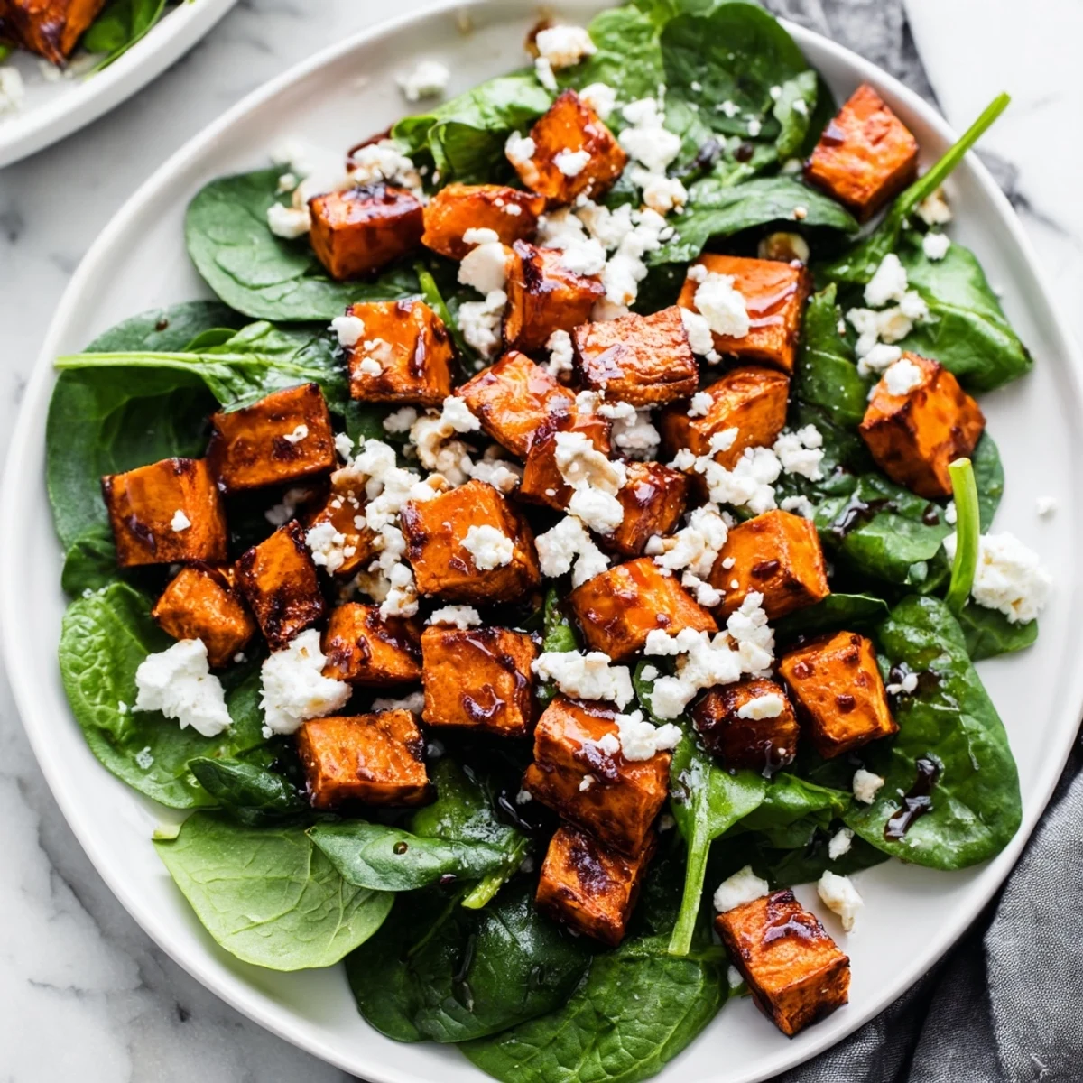 Freshly tossed roasted sweet potato salad featuring caramelized sweet potatoes, crisp greens, and a zesty homemade dressing.