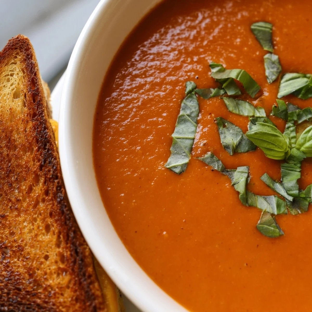 Creamy Tomato Basil Bisque with Grilled Cheese, garnished with fresh basil and served steaming hot for a cozy meal.