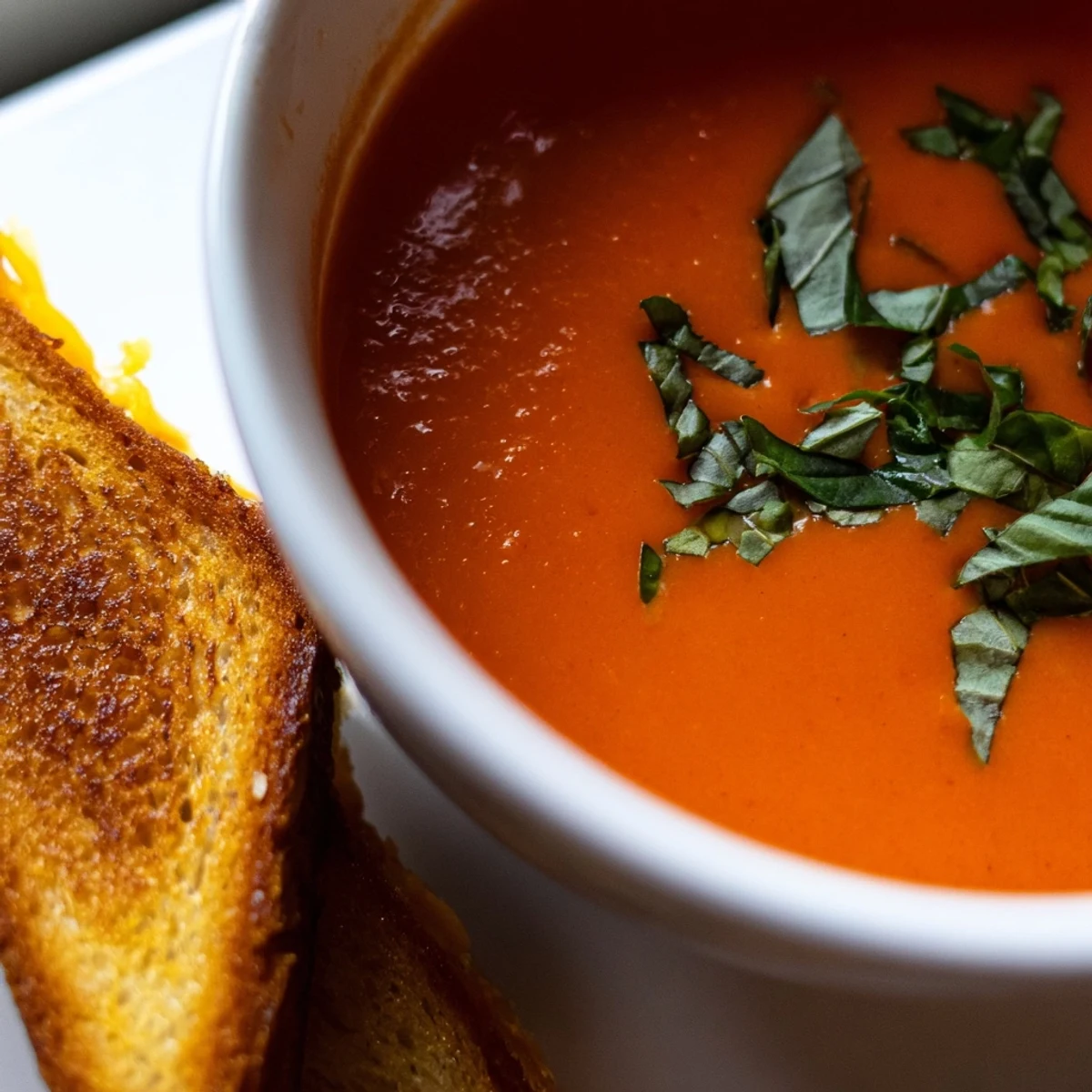 Slices of golden, buttery grilled cheese dip into a velvety bowl of Creamy Tomato Basil Bisque.