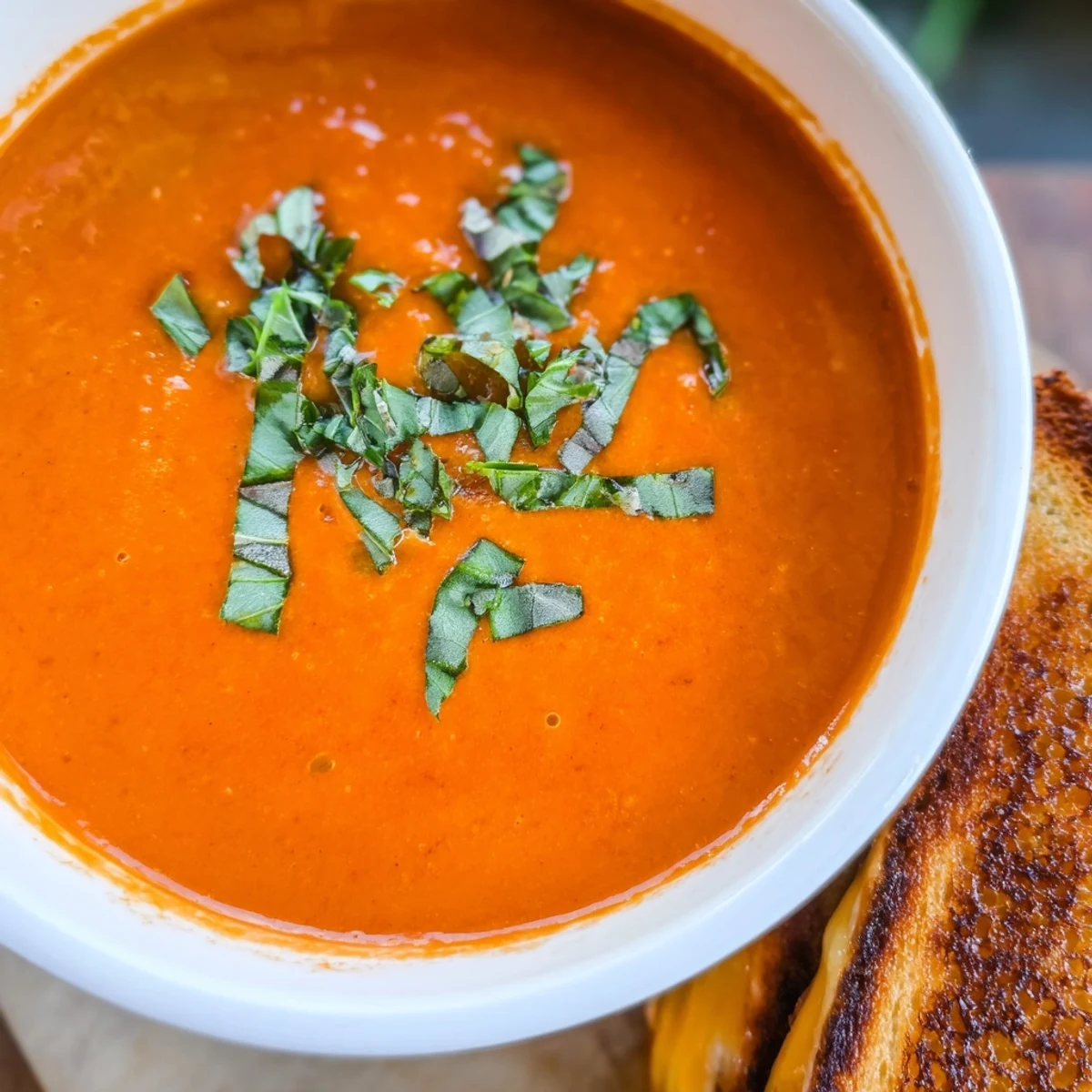 Homemade Creamy Tomato Basil Bisque with grilled cheese, featuring rich tomato aroma and fresh basil garnish.
